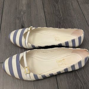 Salvatore Ferragamo Audrey Flats Nautical Blue White Stripe Canvas shoes 6.5C